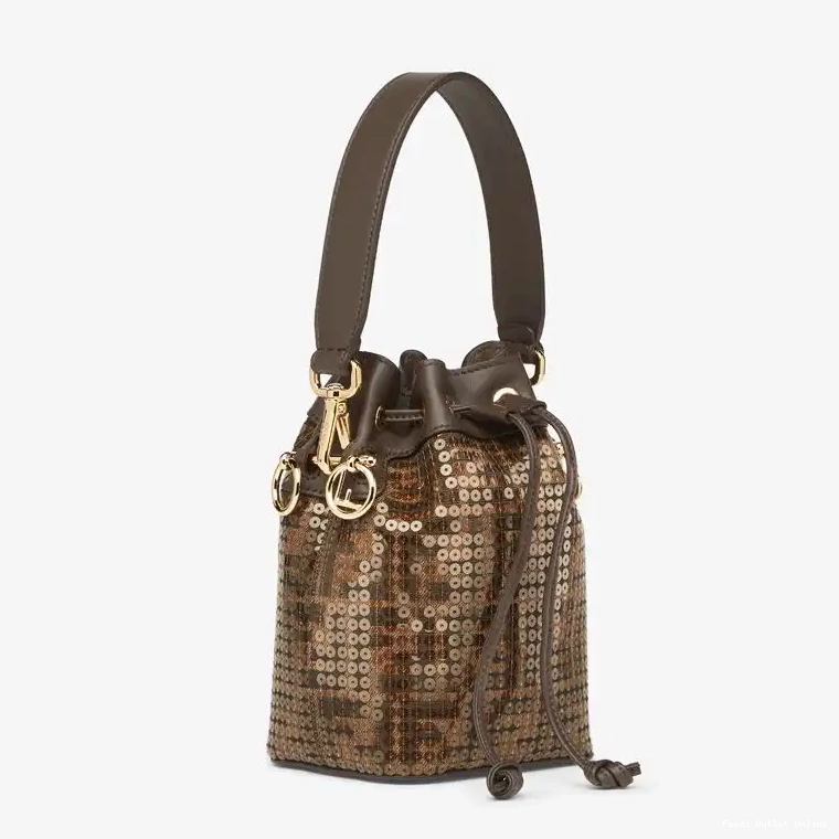 Cheap Brown with Motif Tresor FF Fabric Fendi Mini Mon Bag In Sequins Bucket 0521